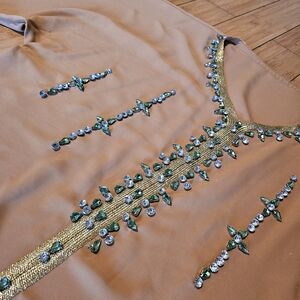 Elegant Tan Maxi Kaftan Dress with Green Embellishments